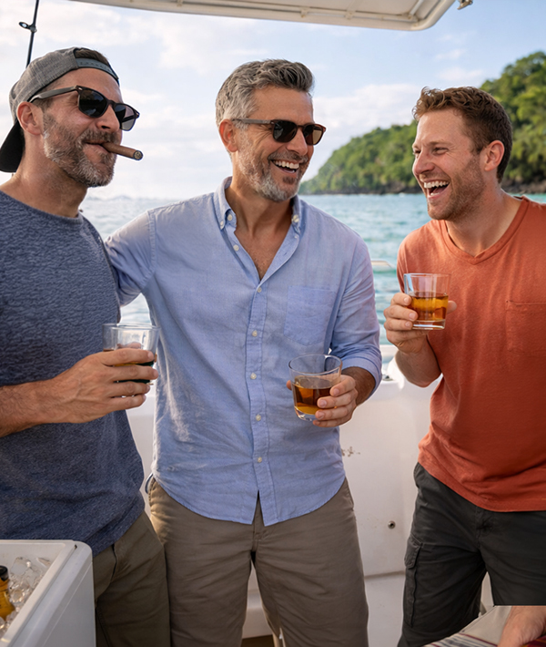 Group of American men enjoying a luxury lifestyle moment on a boat in Costa Rica