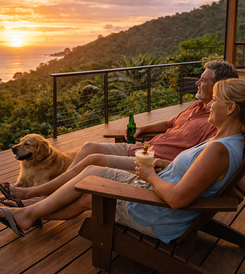 Middle-aged American couple relaxing on a deck with a golden retriever watching the sunset in Costa Rica