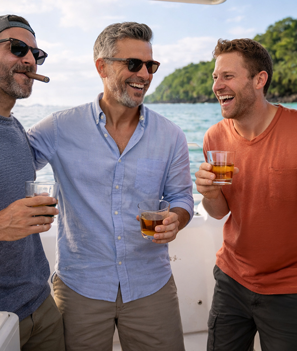 Group of American men enjoying a luxury lifestyle moment on a boat in Costa Rica