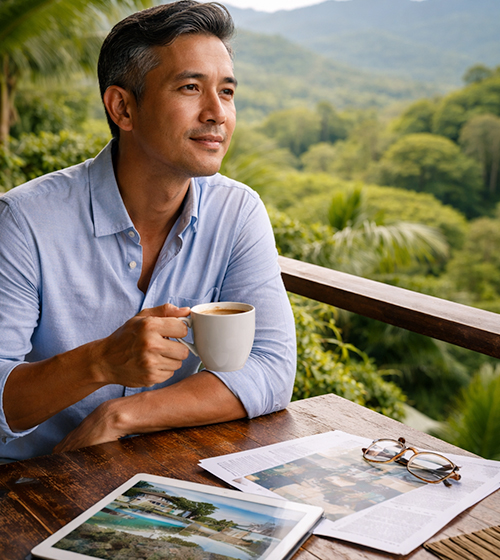 Chinese-American man reviewing property options on a tablet overlooking the rainforest in Costa Rica with a cup of coffee