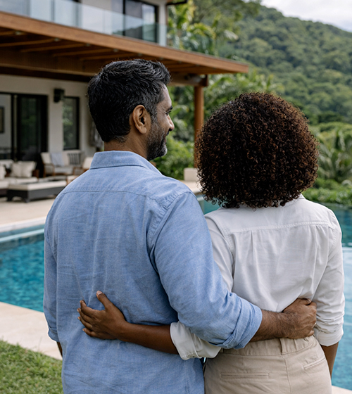 Black woman and Indian man standing confidently in front of a modern home in Costa Rica overlooking a pool and tropical landscape
