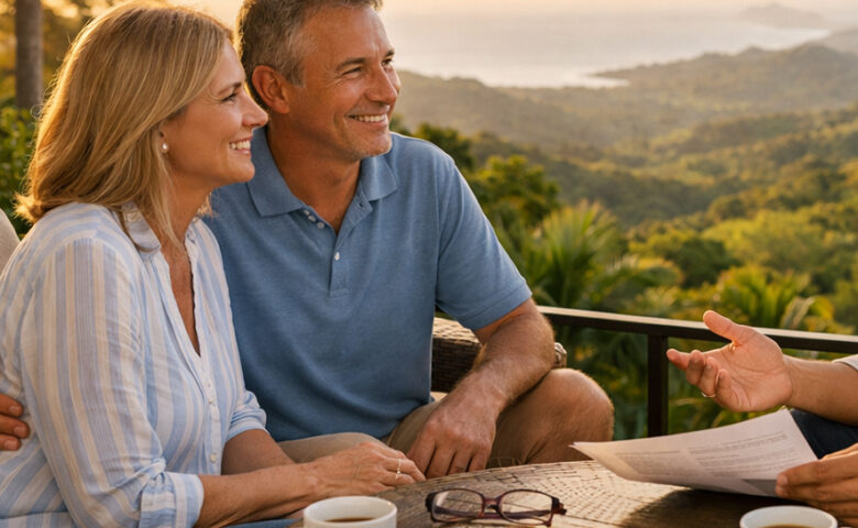 American couple meeting with a local advisor on a terrace in Costa Rica discussing relocation plans