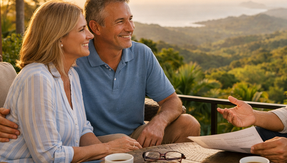 American couple meeting with a local advisor on a terrace in Costa Rica discussing relocation plans