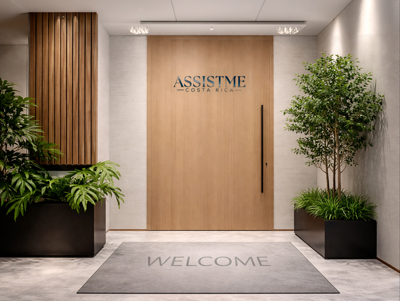 Modern AssistMe Costa Rica office entrance with elegant wooden door, tropical plants, and welcome mat