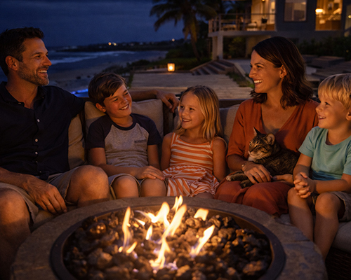 family relaxing by fire pit at beach house in Costa Rica at night with ocean view and children