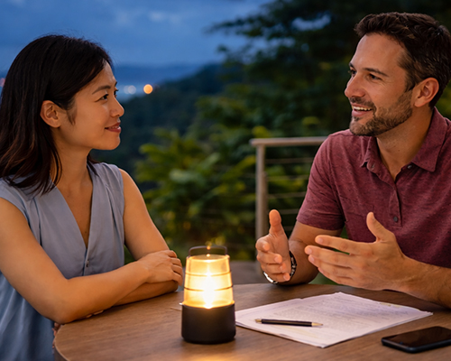 advisor having evening conversation with American Asian woman outdoors in Costa Rica discussing goals and plans
