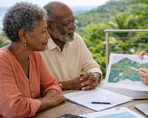 advisor presenting property strategy to elderly African American couple in Costa Rica with documents and map