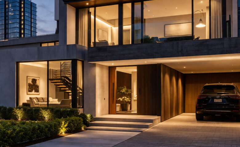 modern luxury home in urban Costa Rica with pool and city surroundings at dusk