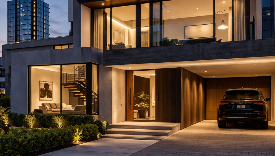 modern luxury home in urban Costa Rica with pool and city surroundings at dusk