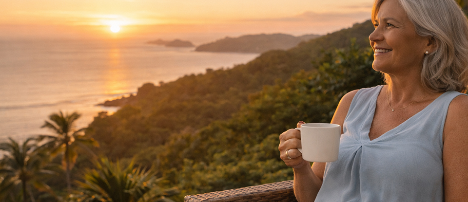 Retired American woman relaxing at a tropical terrace in Costa Rica watching the sunset over the ocean