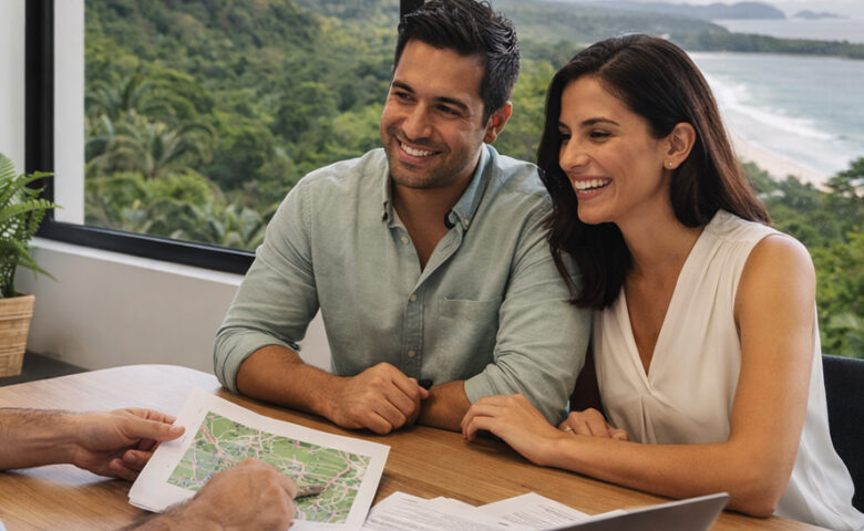 Hispanic couple meeting with advisor in modern Costa Rica office reviewing real estate documents with ocean and rainforest view