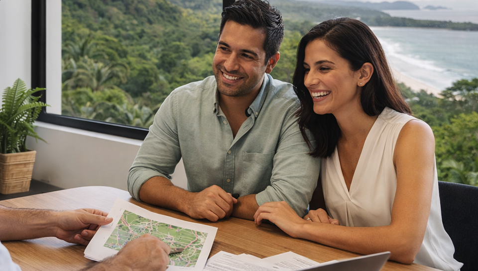 Hispanic couple meeting with advisor in modern Costa Rica office reviewing real estate documents with ocean and rainforest view