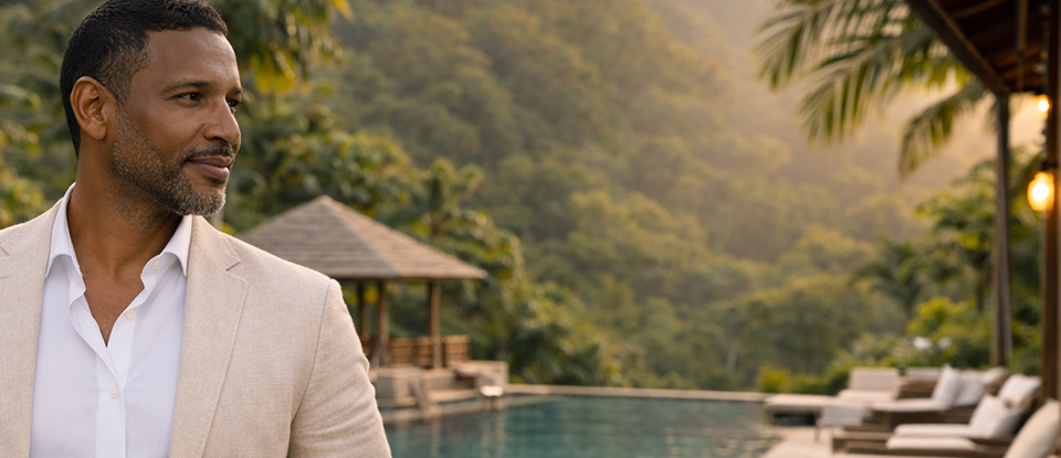 Middle-aged African American advisor standing at a luxury rainforest resort in Costa Rica looking into the distance