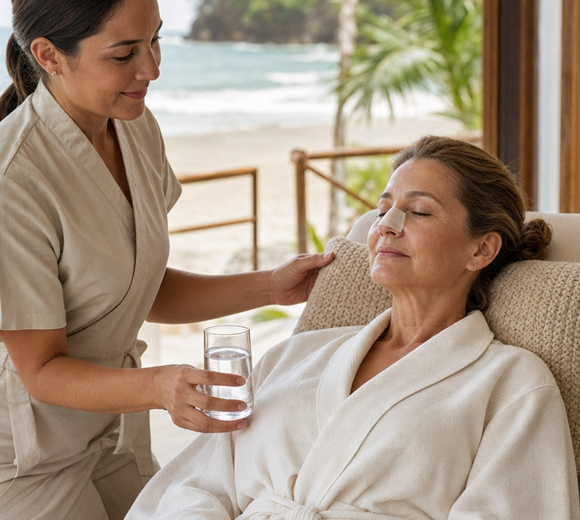Woman recovering from plastic surgery at a beachfront wellness retreat in Costa Rica