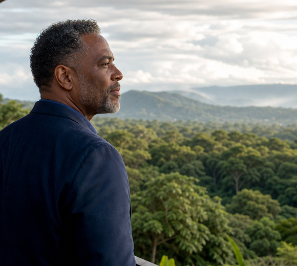 African American businessman overlooking the Costa Rican rainforest