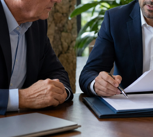 Senior client reviewing a complex legal matter with a Costa Rican attorney and advisor