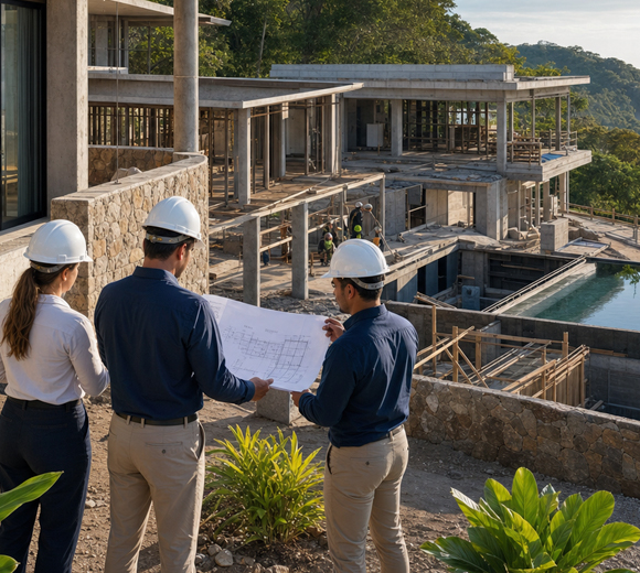 Development team reviewing plans at a luxury resort construction site in Costa Rica.